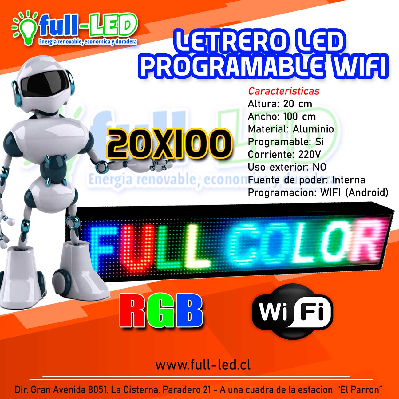 Letrero Led Programable Wifi Rgb Full Color 20x100 Cm Letreros Led