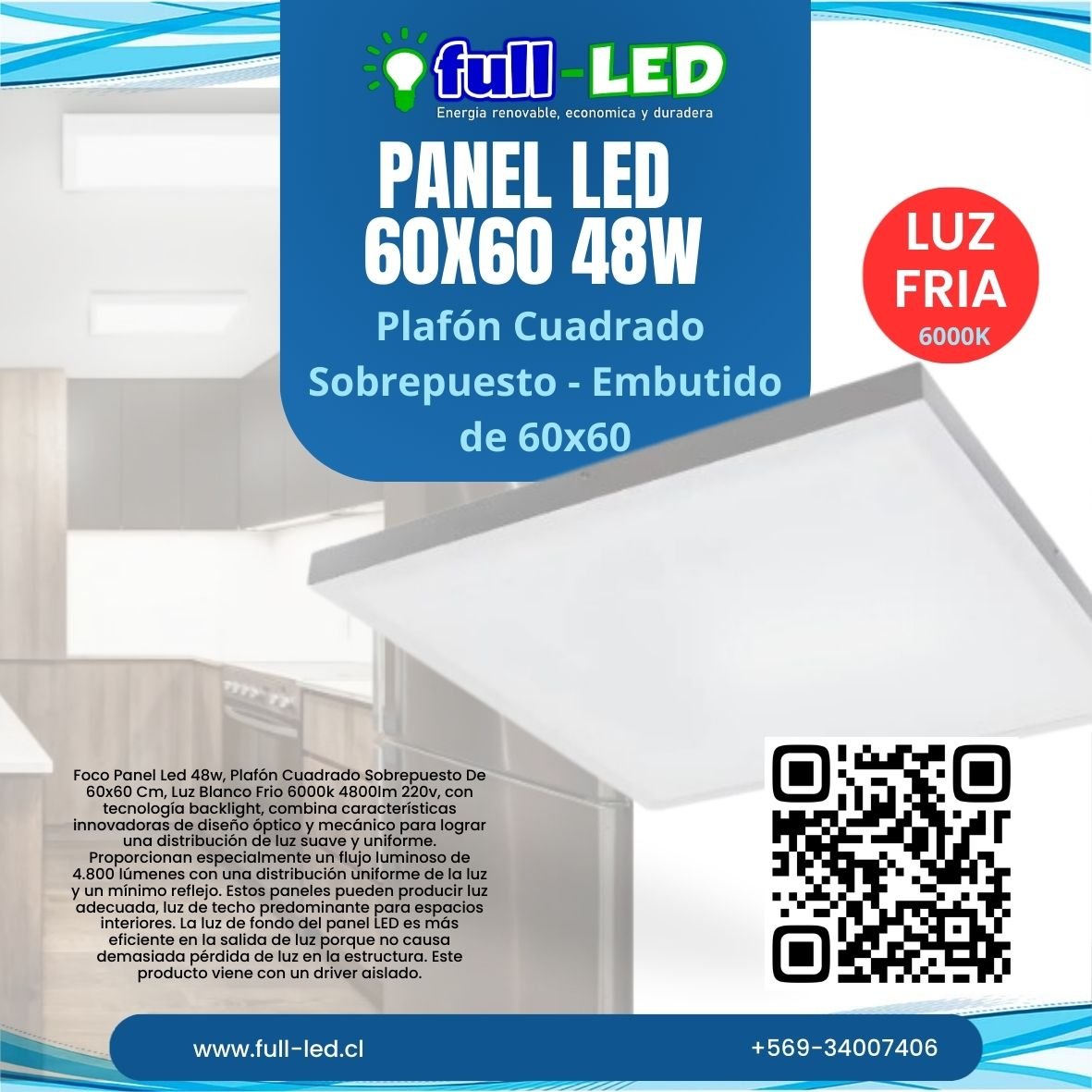 Panel Led 48w Cuadrado Sobrepuesto de 60x60 Cm Luz Fria