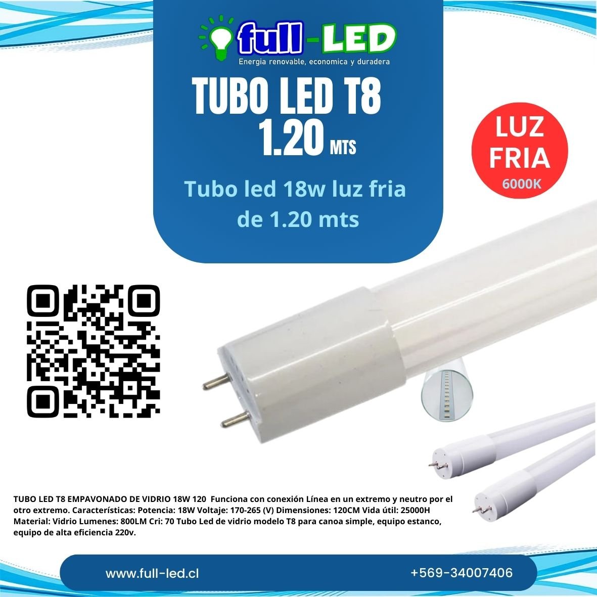 Tubo Led T8 Empavonado de Vidrio 18w T8 1.20cms